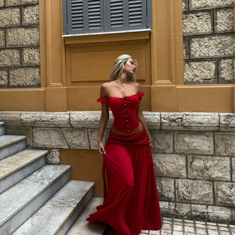Chic Red Off Shoulder Corset T - огляд і ціна Elastic Lace Trim