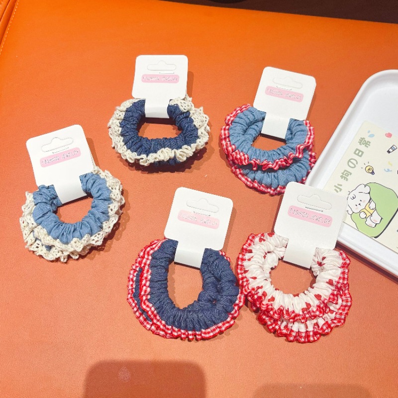 Lace Trim Denim Hair Ties Red  - огляд і ціна Elastic Lace Trim