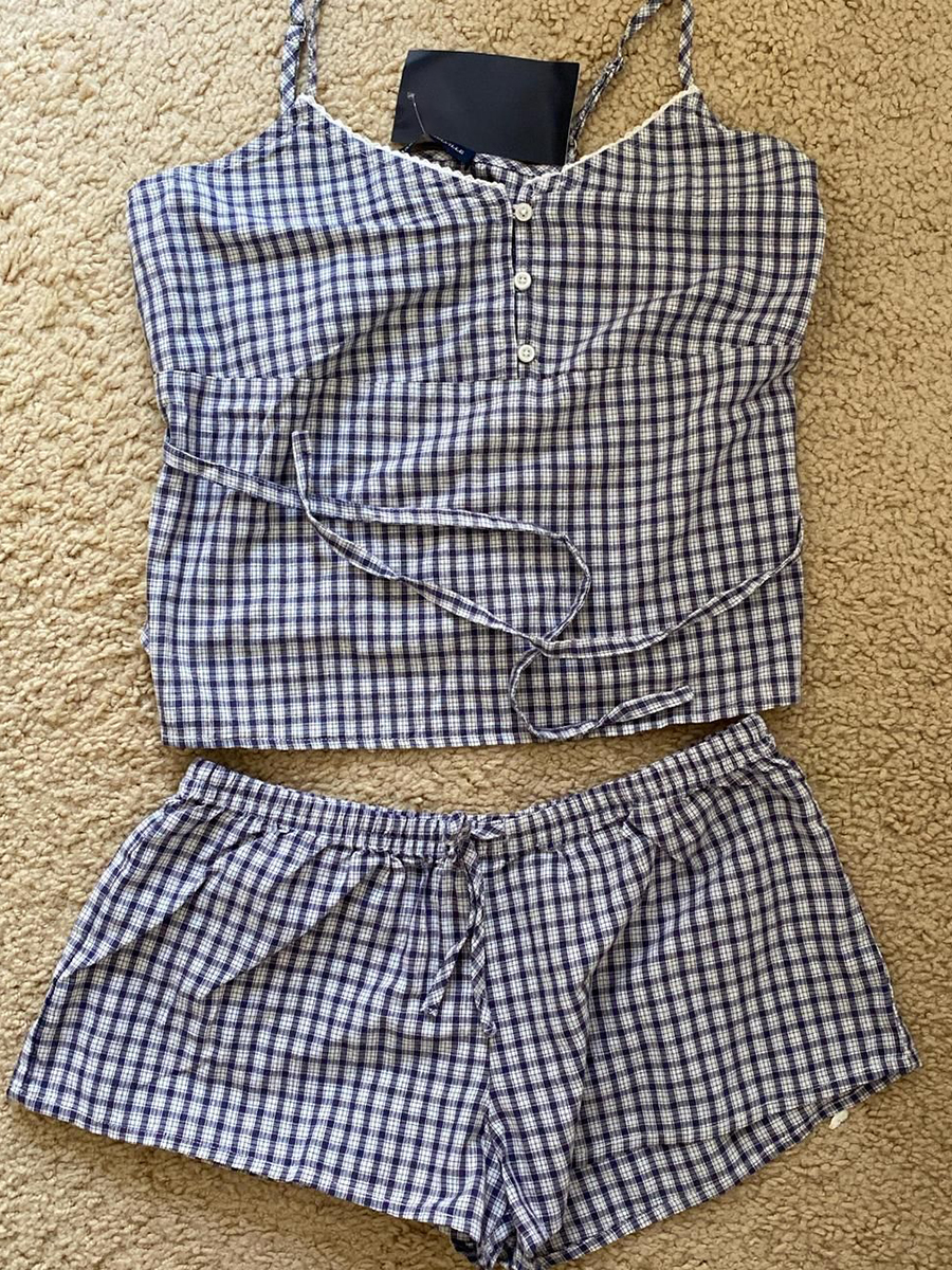 Navy Plaid Tank Shorts 2 Piece - огляд і ціна Elastic Lace Trim