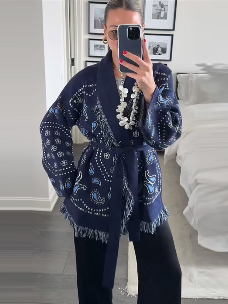Elegant Print Tassel Cardigan  - огляд і ціна Tassel Fringe Trim